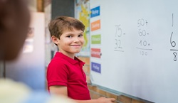 Primary school pupil standing in front of blackboard